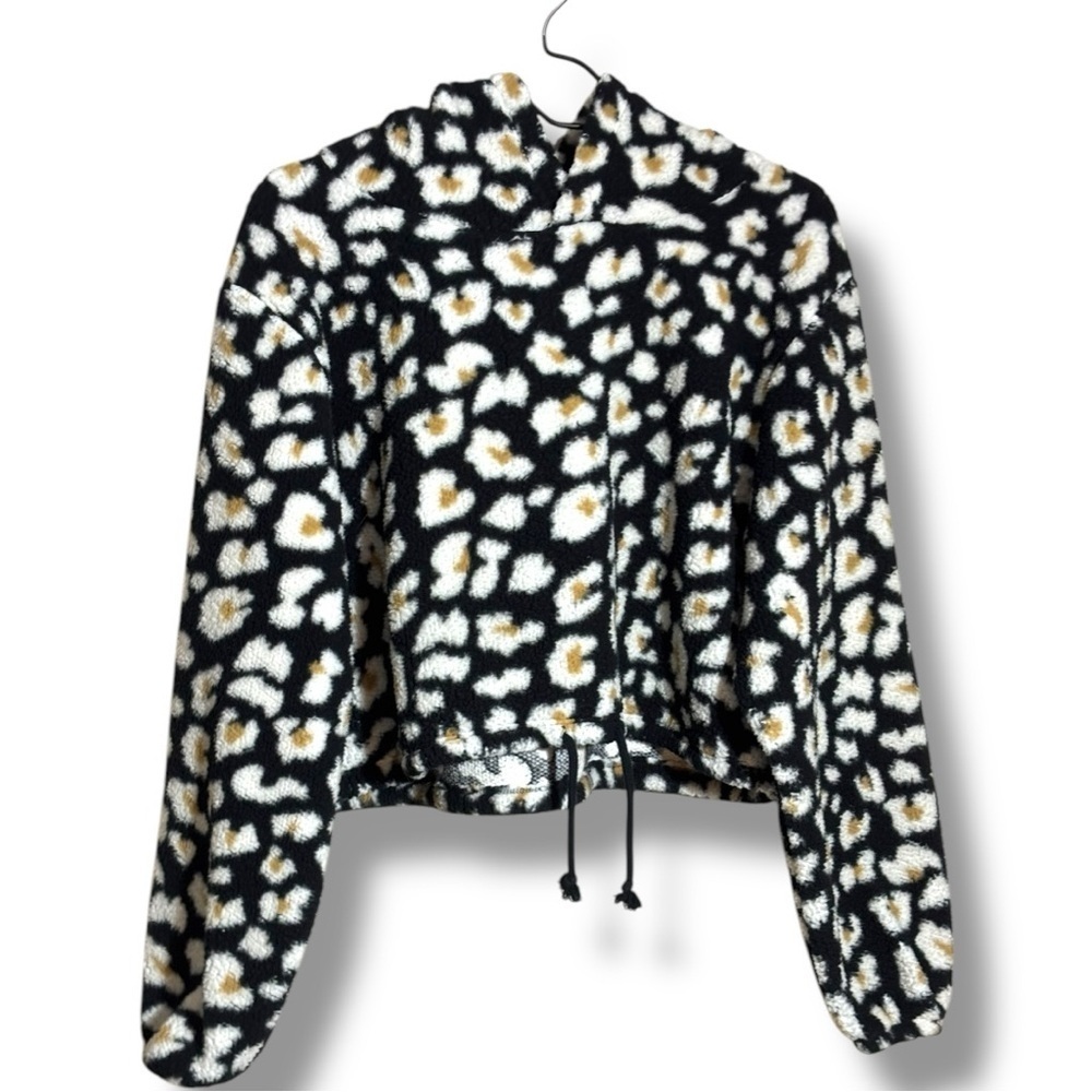 Wild Fable Black With Tan/White Animal Print Cropped Fleece Hooded Sweatshirt - Picture 16 of 16